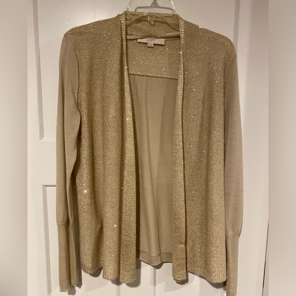 Loft soft gold sweater with sparkles on front.  Great for the holidays.  Size m.